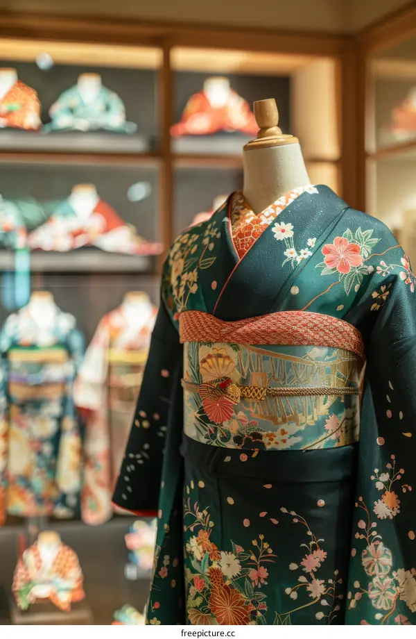 A kimono with a floral pattern and a phoenix obi