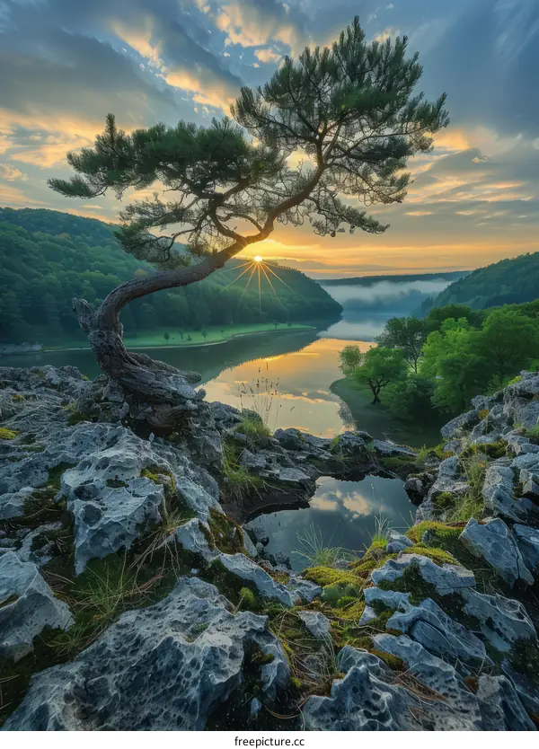 Beautiful sunset over the river and valley with a tree in the foreground