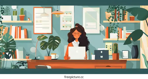 Woman Working At Home Office With Laptop And Plants