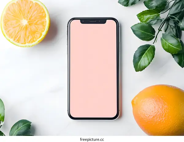 Smartphone Mockup with Orange and Leaves on Marble Background