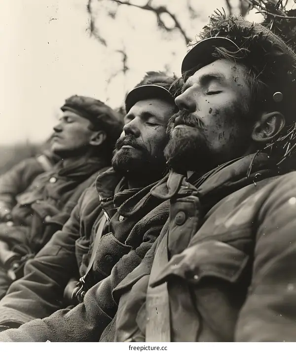 Three soldiers sleeping in the woods