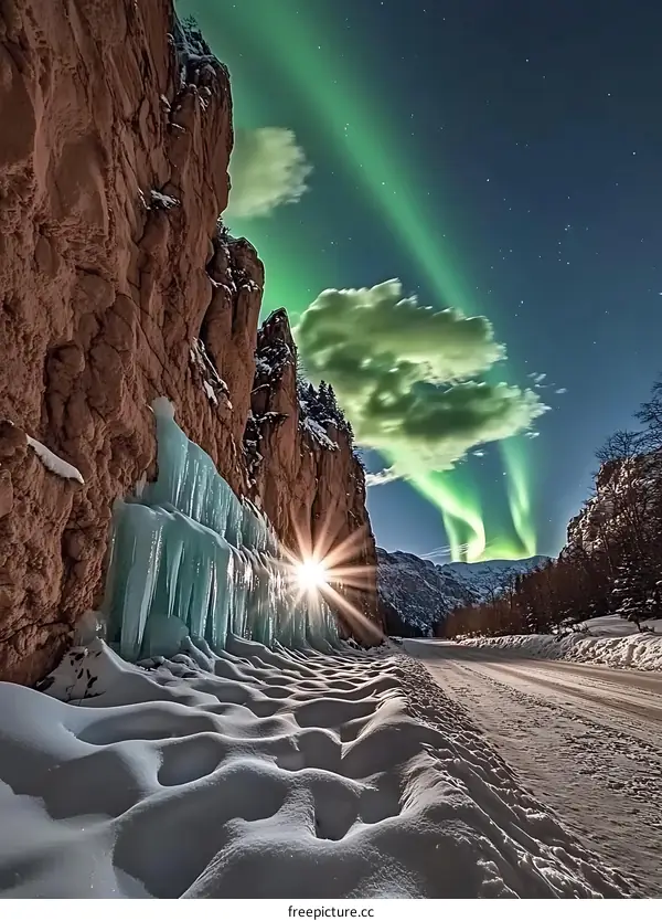 Aurora Borealis Over a Snowy Canyon Road