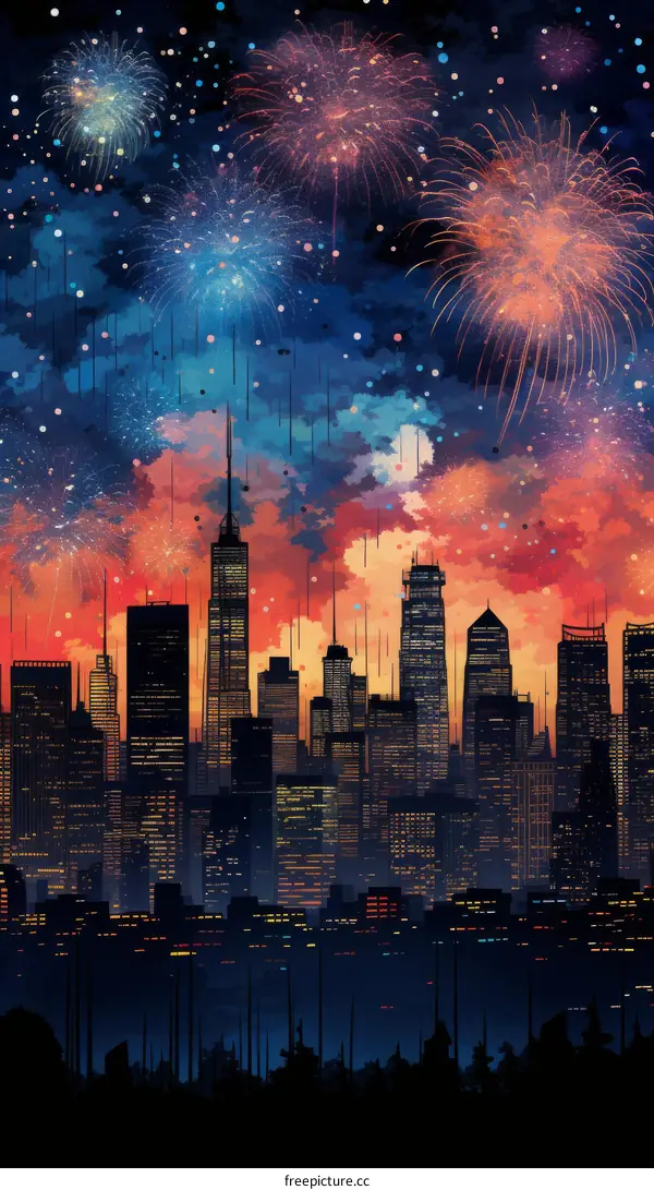 A beautiful illustration of a city skyline with fireworks exploding in the sky above.