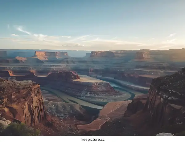 Canyon Landscape with River Bend and Distant Mountains