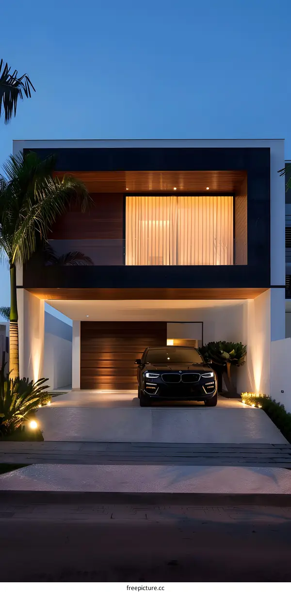 Modern Minimalist Home with a Black Car in Front of the Garage