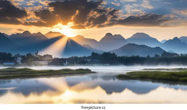 Sunrise over Misty Mountains and Village