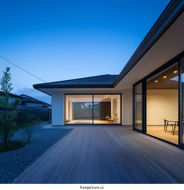 Modern House with Large Windows and Patio in the Evening