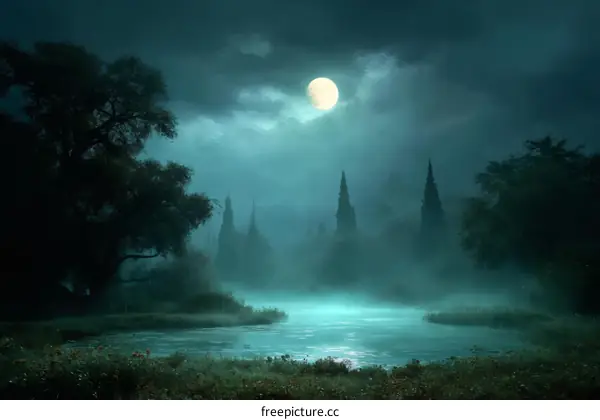 Misty Moonlight Night Landscape Artwork
