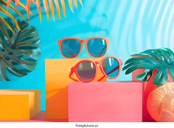 Summer Sunglasses on Colorful Platforms with Tropical Leaves