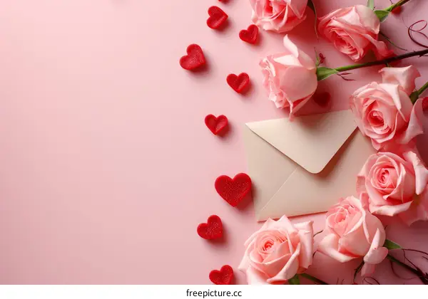 Pink roses and hearts on a pink background