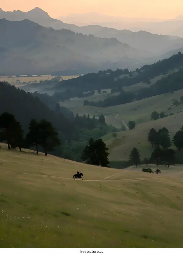 Horse Rider on a Hilltop with a Stunning View of Rolling Hills and Mountains