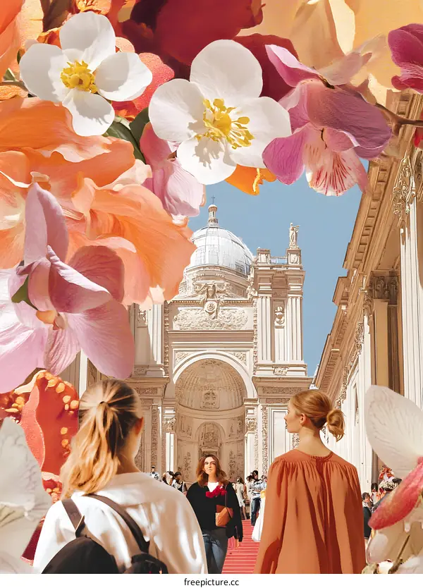 Flowers Frame Vintage Church Architecture and People Walking