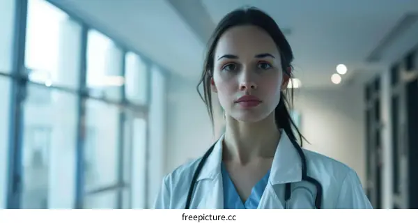 Portrait of a confident female doctor in a hospital hallway