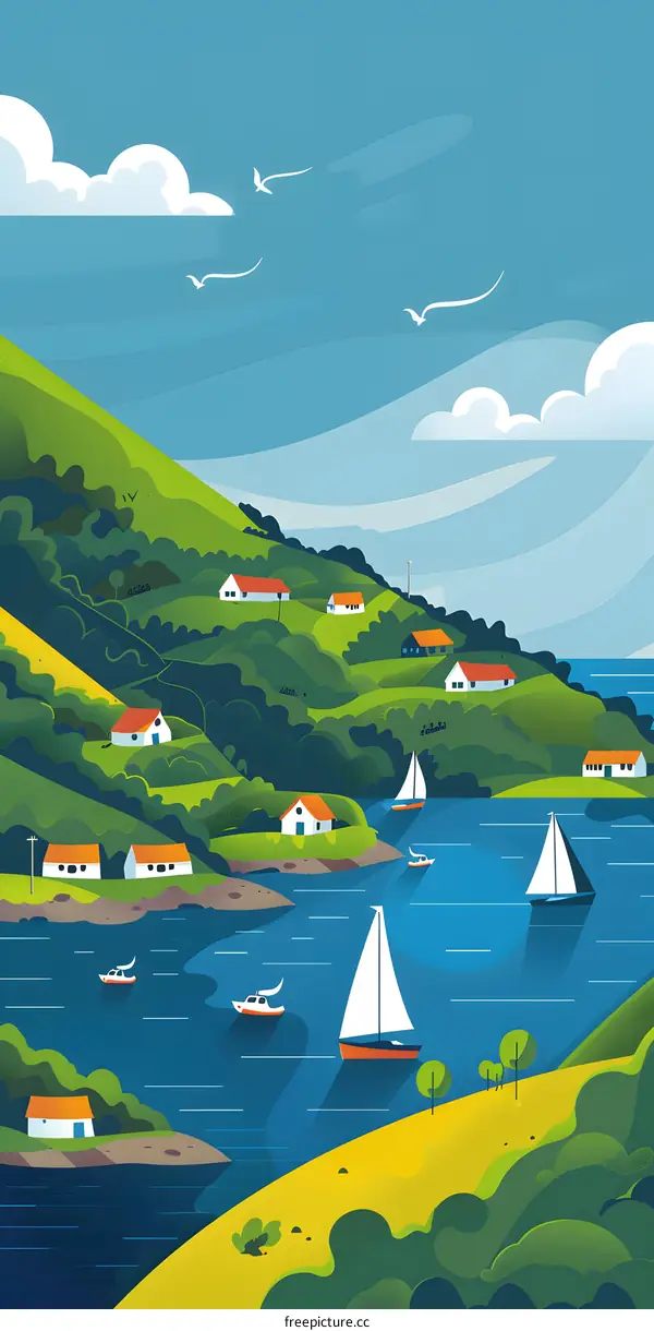 Sailing Boats on a Summer Day with a Coastal Town