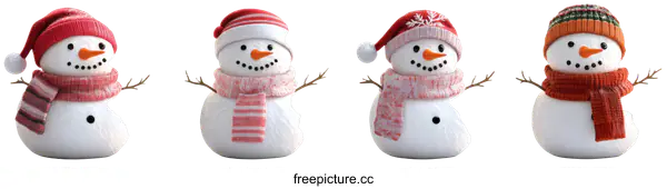 [Transparent Background PNG]Four Cute Snowmen in Different Hats and Scarves