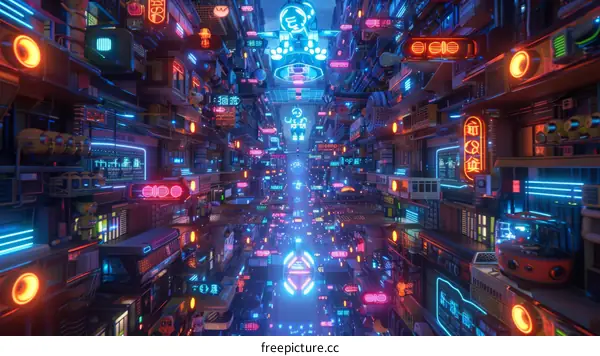 A bustling neon city street with people crossing the road in the rain