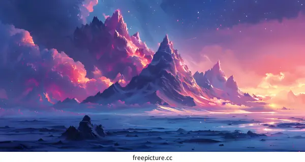 Fantasy landscape with mountains and clouds