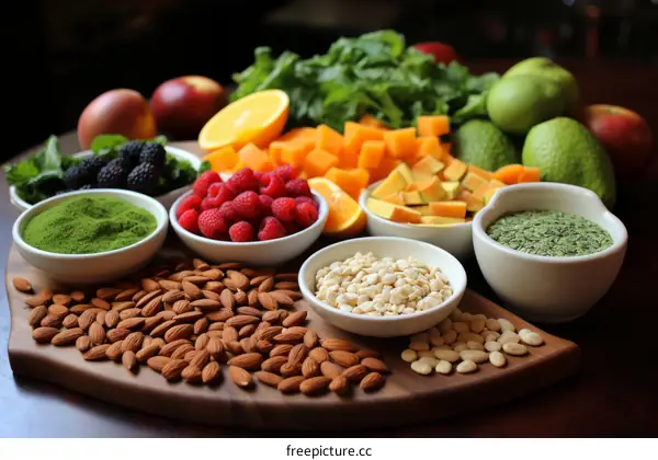 A variety of healthy food ingredients are arranged on a wooden table.