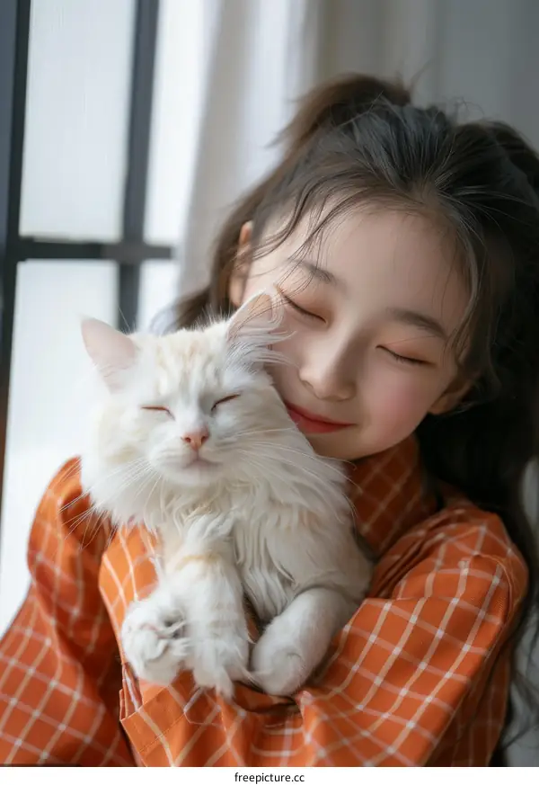 Asian girl hugging a white cat