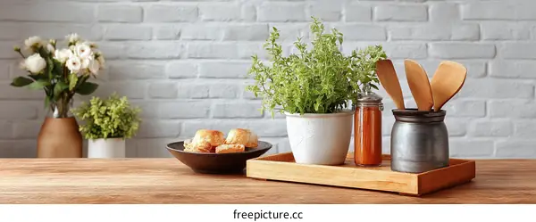 Kitchen Tableware Display with Plants and Food