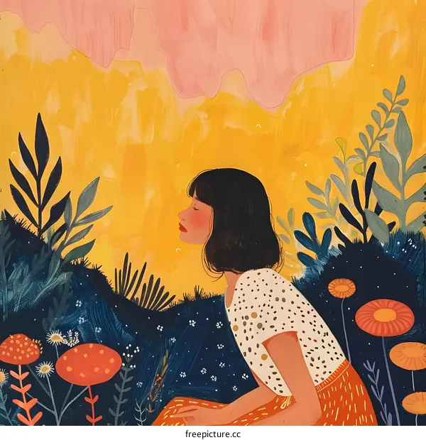 Girl Sitting in a Garden with Yellow and Pink Sky