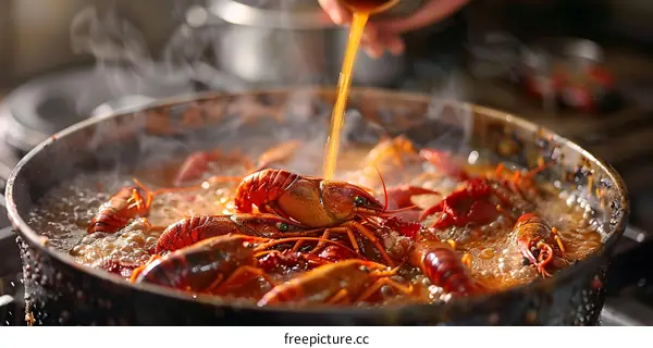A chef is pouring a liquid over crayfish in a pot.