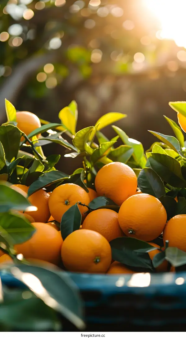 Fresh Ripe Oranges In Basket With Green Leaves