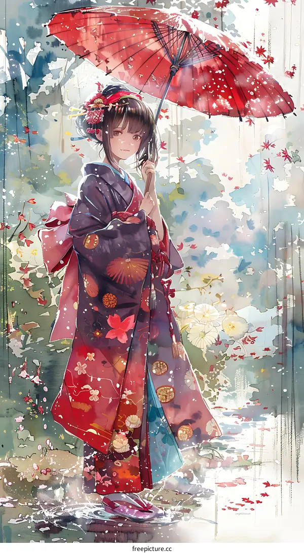 An anime girl holding an umbrella in the rain