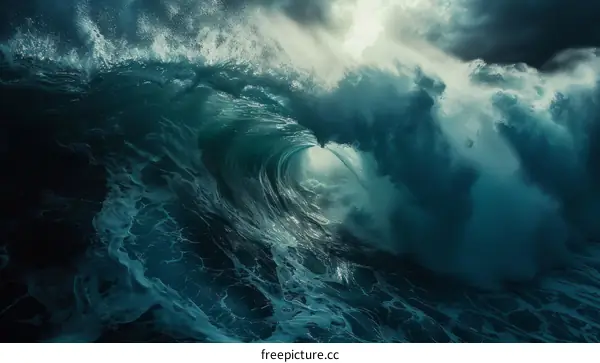 Underwater view of a huge ocean wave about to break