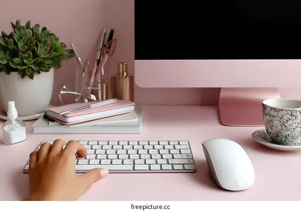Pink Workspace with Woman Typing on Keyboard