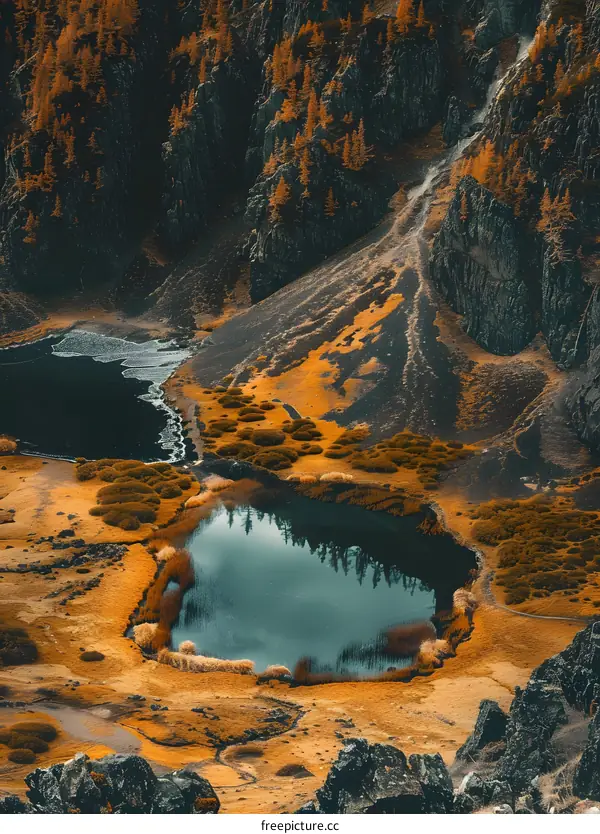 Aerial View of Two Small Lakes Surrounded by Mountains in Fall