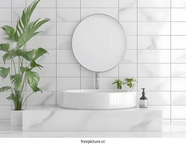 Modern Bathroom Sink With Round Mirror And Plants