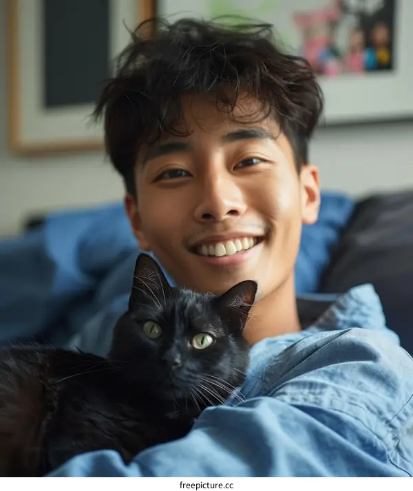 A smiling young man with a black cat on his shoulder