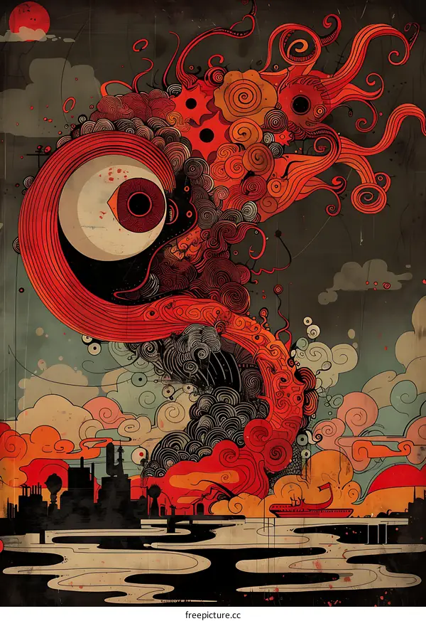 Abstract Art Digital Illustration With Red And Black Swirls