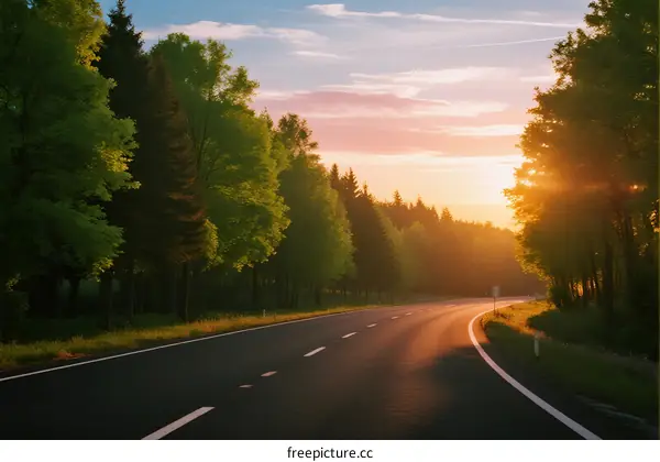 Sunlit Road Through Lush Green Forest at Dusk