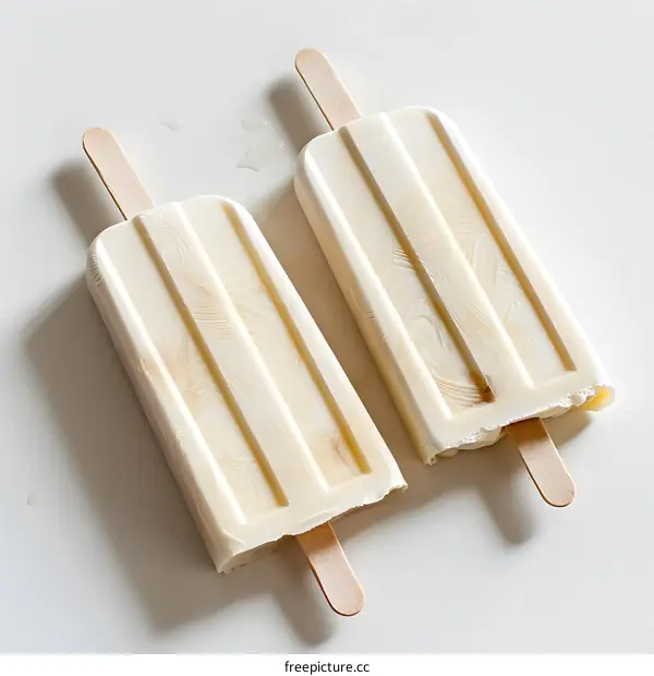 Two ice cream popsicles on a white table