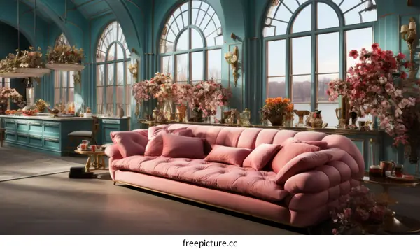 pink tufted sofa in a blue room with large windows