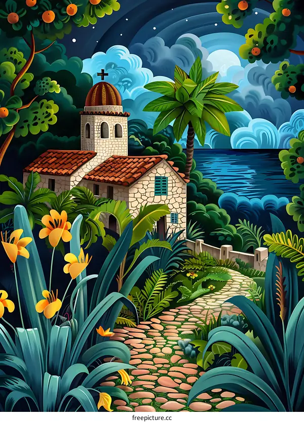 Stone Path Through Tropical Garden