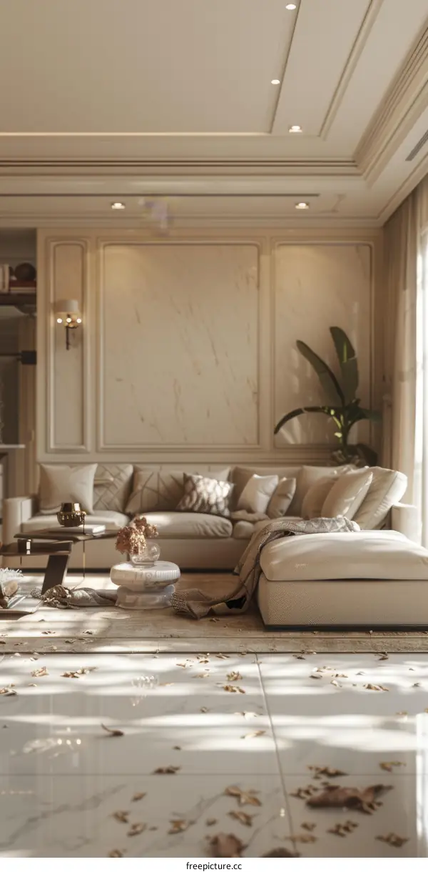 Modern living room in autumn sunlight