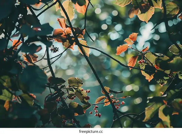 Close Up Of Tree Branches With Green And Red Leaves In The Sun