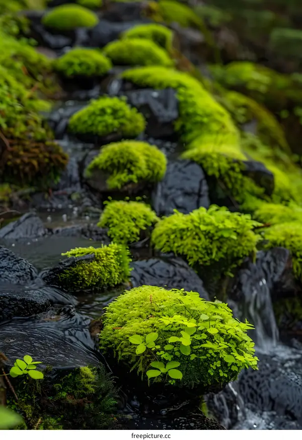 Green Moss Covered Rocks With Stream