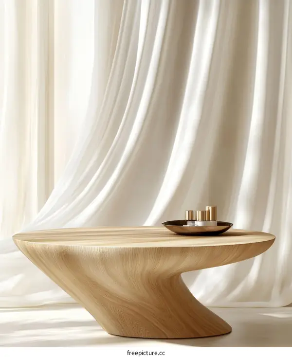 Modern Wooden Coffee Table with Drapery Background