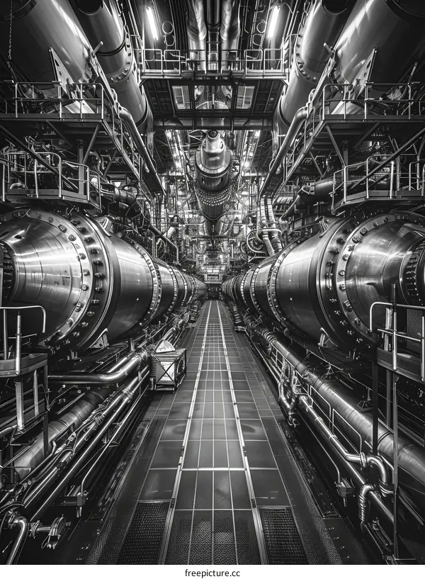 Industrial Factory Interior with Pipes and Catwalks