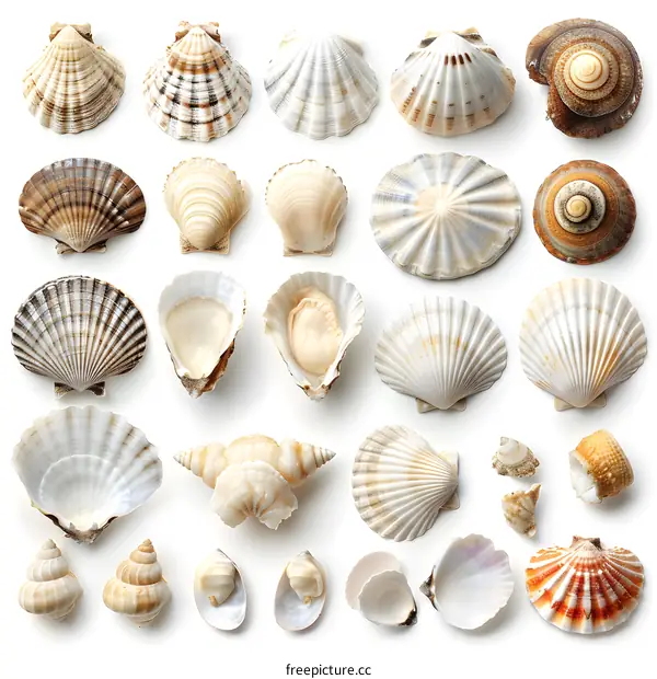 A variety of seashells are arranged on a white background.