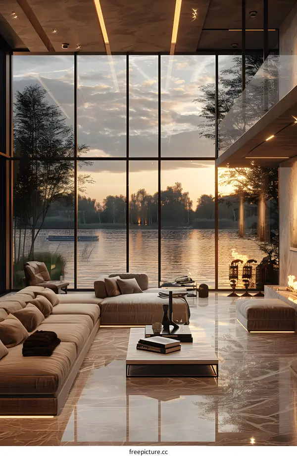 Modern lakeside house interior with large windows and fireplace