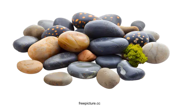 [Transparent Background PNG]Close Up of Smooth Stones and Moss Against a White Background