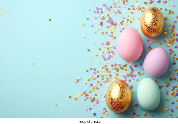Easter Eggs and Colorful Confetti on Light Blue Background