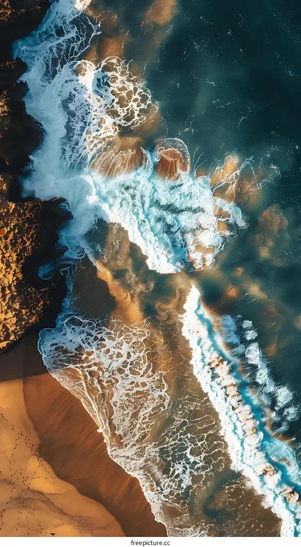 Aerial View of Ocean Waves Crashing on Sandy Shore