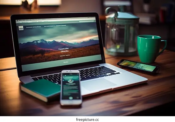 A laptop, a smartphone and a cup on a wooden table