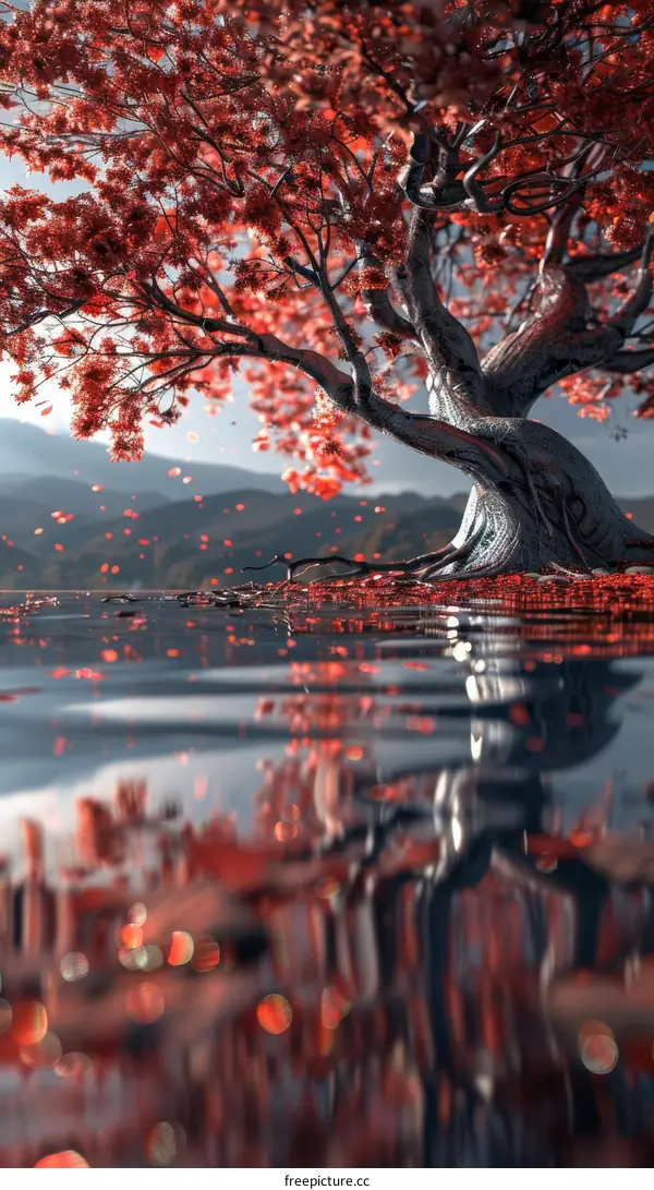 Serene Autumn Reflections: Crimson Tree by the Lake